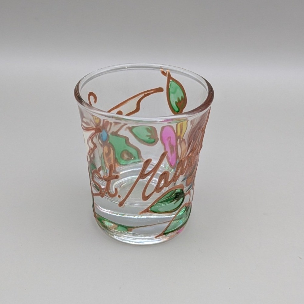 St Maarten St Martin Hand Painted Souvenier Shot Glass Butterfly Floral